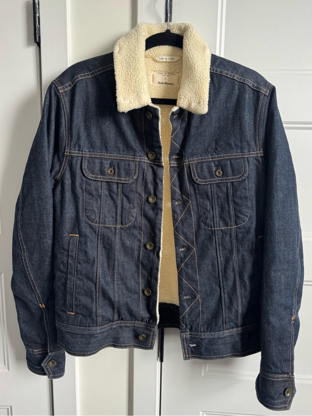rag & bone Fleece Lined Dark Wash Denim Unisex Designer Trucker Jacket NWOT